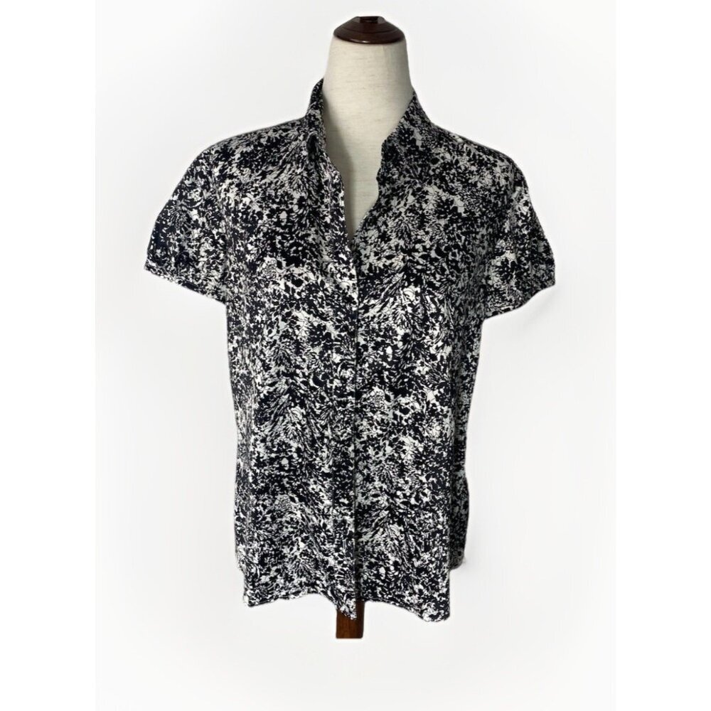 Ann Taylor Outlet Blouse Size 12 Button Up Black White Floral Puff Sleeve Top